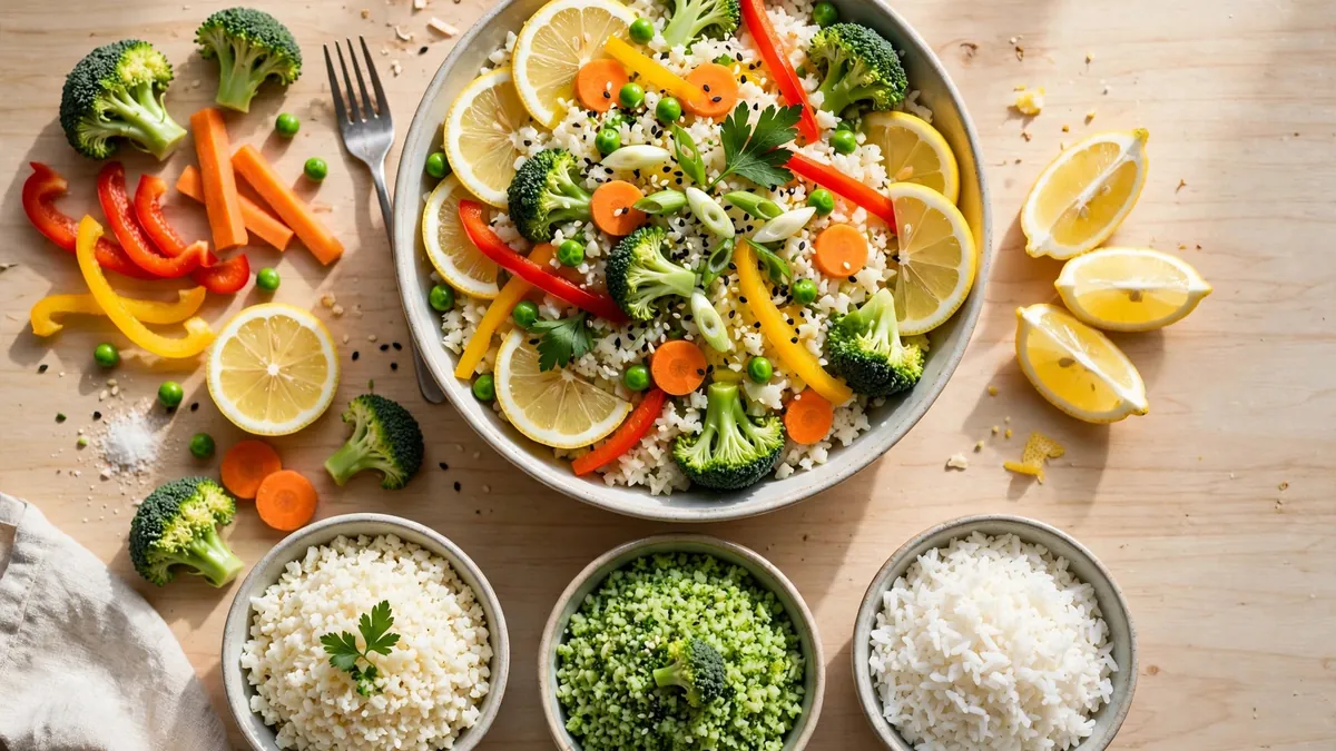 Diabetic rice recipes with low carb cauliflower rice, broccoli rice and a colorful vegetable rice bowl